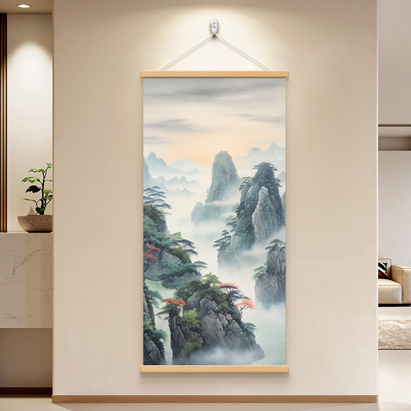 新中式山水风景入户玄关装饰画背有靠山走廊过道墙壁画迎客松挂画