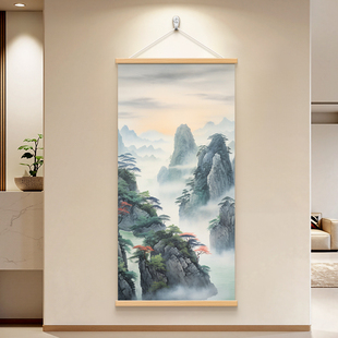 新中式山水风景入户玄关装饰画背有靠山走廊过道墙壁画迎客松挂画