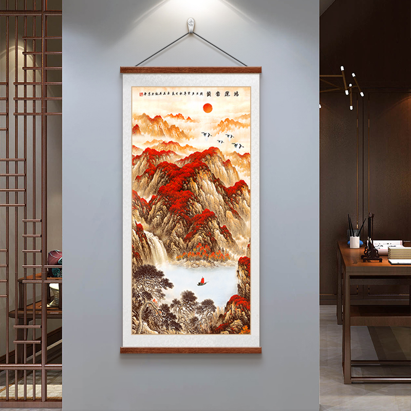 鸿运当头进门走廊玄关装饰画中式客厅卷轴画办公室大气山水画挂件图片