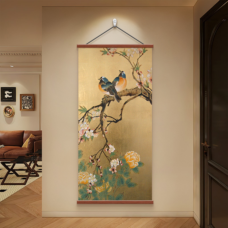 中古风喜上眉梢入户玄关装饰画牡丹花鸟过道尽头挂画茶室书房壁画图片