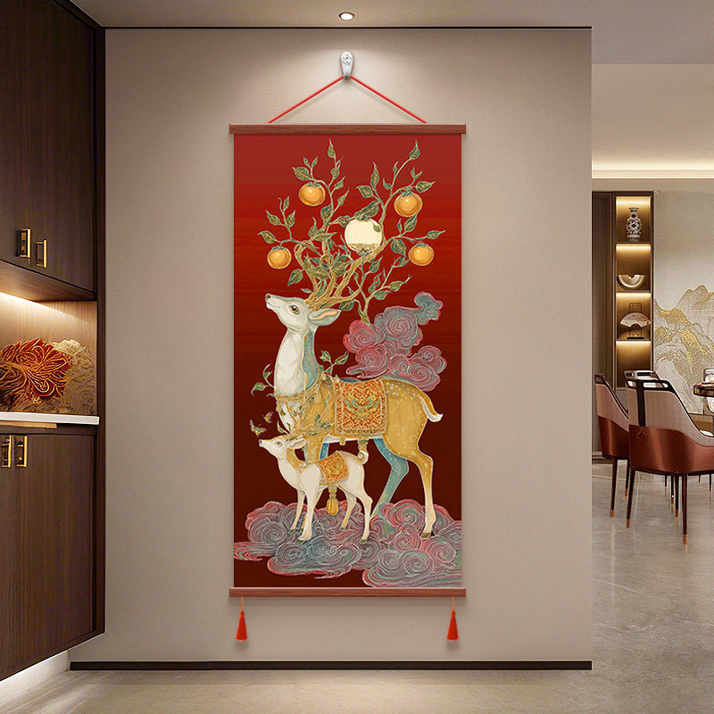新中式福鹿双全玄关装饰画新年寓意好走廊过道挂画入户正对门壁画