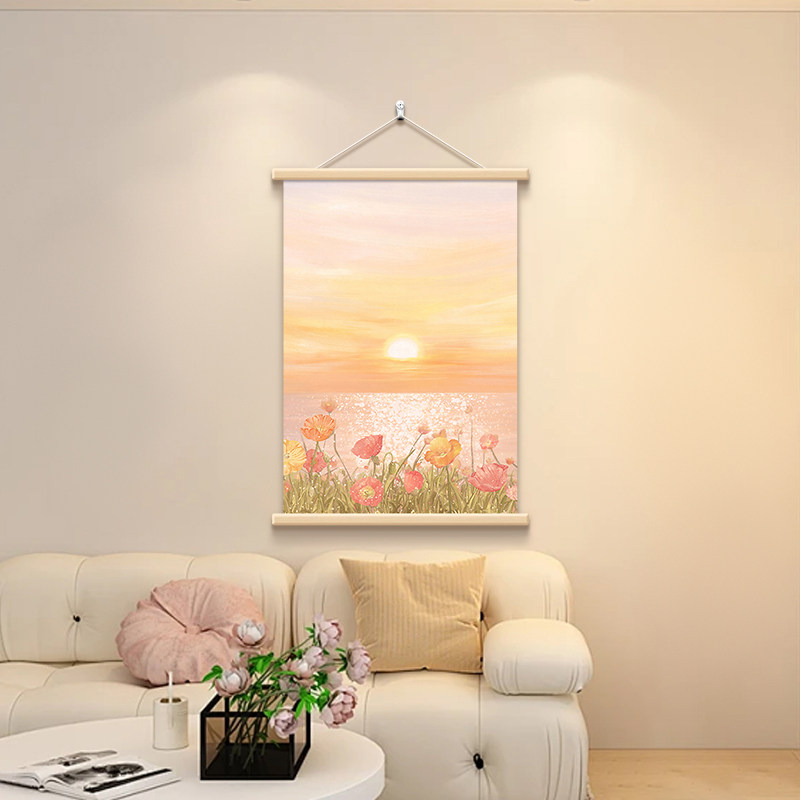 原木奶油风日出海景装饰画卷轴画客厅沙发背景墙壁画卧室床头挂画