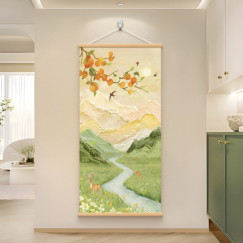 日照金山玄关装饰画奶油风肌理感柿柿如意走廊挂画客厅进门风景画