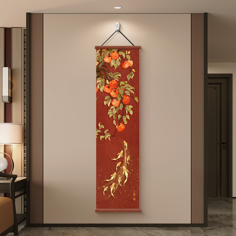 九鱼聚财图玄关装饰画新中式柿柿如意挂画竖版入户正对门壁画挂件图片