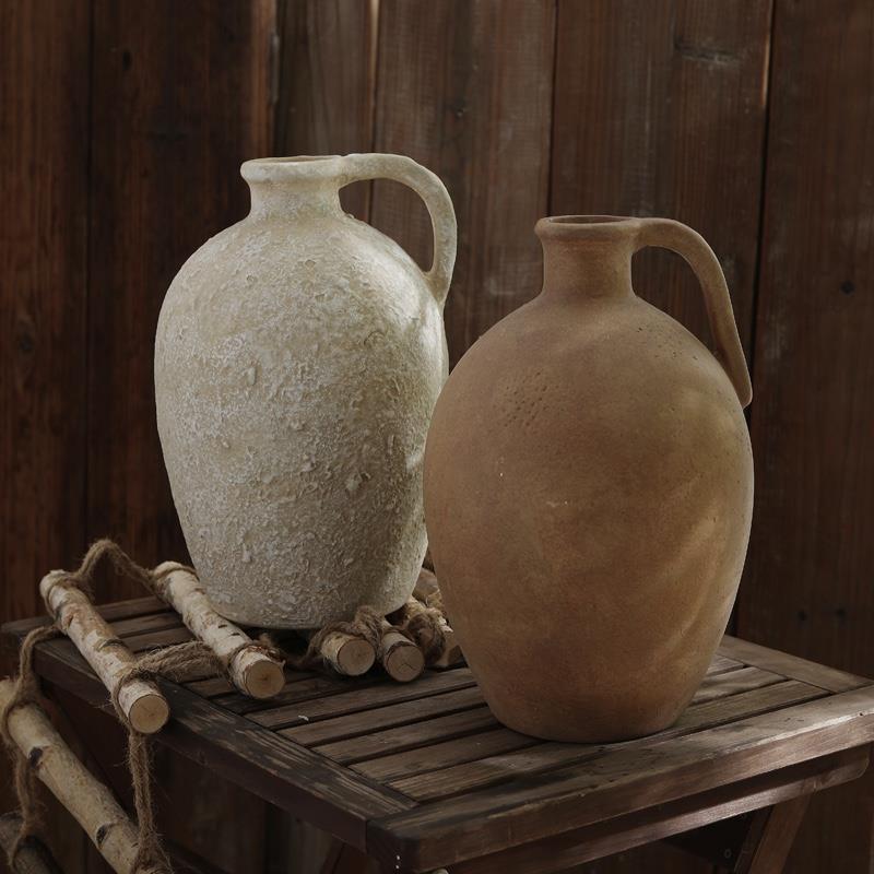 复古粗陶花瓶 干花仿真花花插 室内桌面摆设古典花瓶复古做旧风格