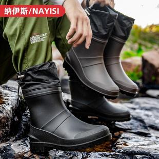 加高加厚户外 雨鞋 男士 雨靴中筒防水防滑带收紧口洗车胶鞋 钓鱼水鞋