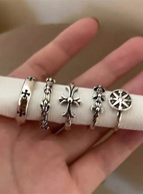 暗黑做旧十字架开口戒指女欧美风小众设计指环简约时尚个性食指
