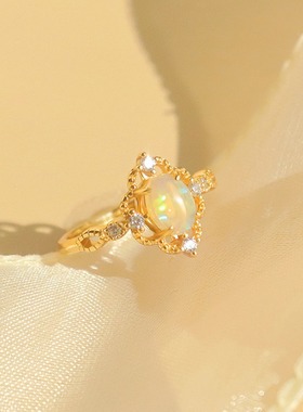 【城堡公主】新款天然欧泊石女戒指时尚小众原创设计尾戒轻奢指环