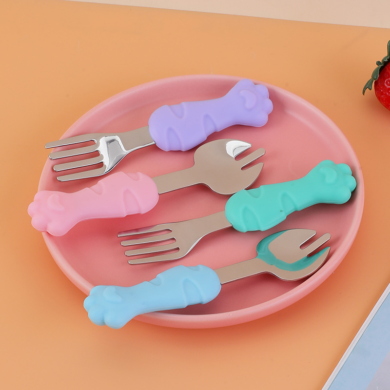 304不锈钢硅胶叉勺卡通短柄猫爪勺子叉子宝宝吃饭训练勺叉餐具