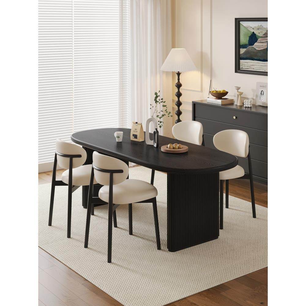 法式覆古实木椭圆形餐桌和椅子组合精极风格黑灰木家庭小公寓餐桌