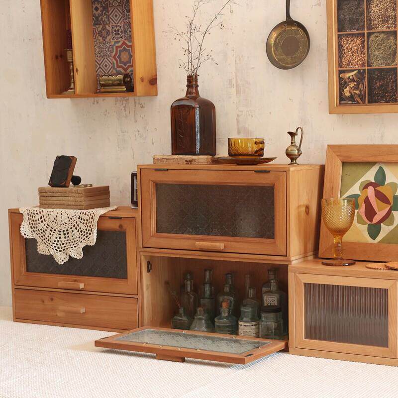 叁杉办公桌防尘玻璃收纳盒杯子桌面化妆品香水桌上收纳柜覆古木质