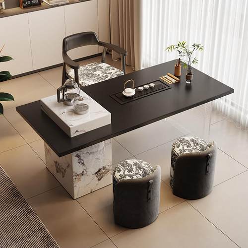 岩板茶台茶桌椅烧水壶组合高端茶盘一体中古风客厅家用阳台泡茶桌