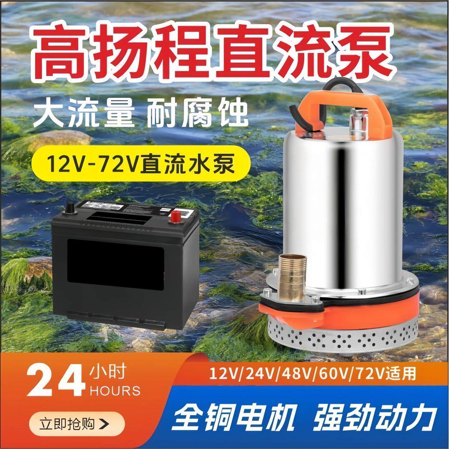 电瓶车水泵抽水浇菜12v24v36v48v72v伏直流潜水泵电动三轮车专用