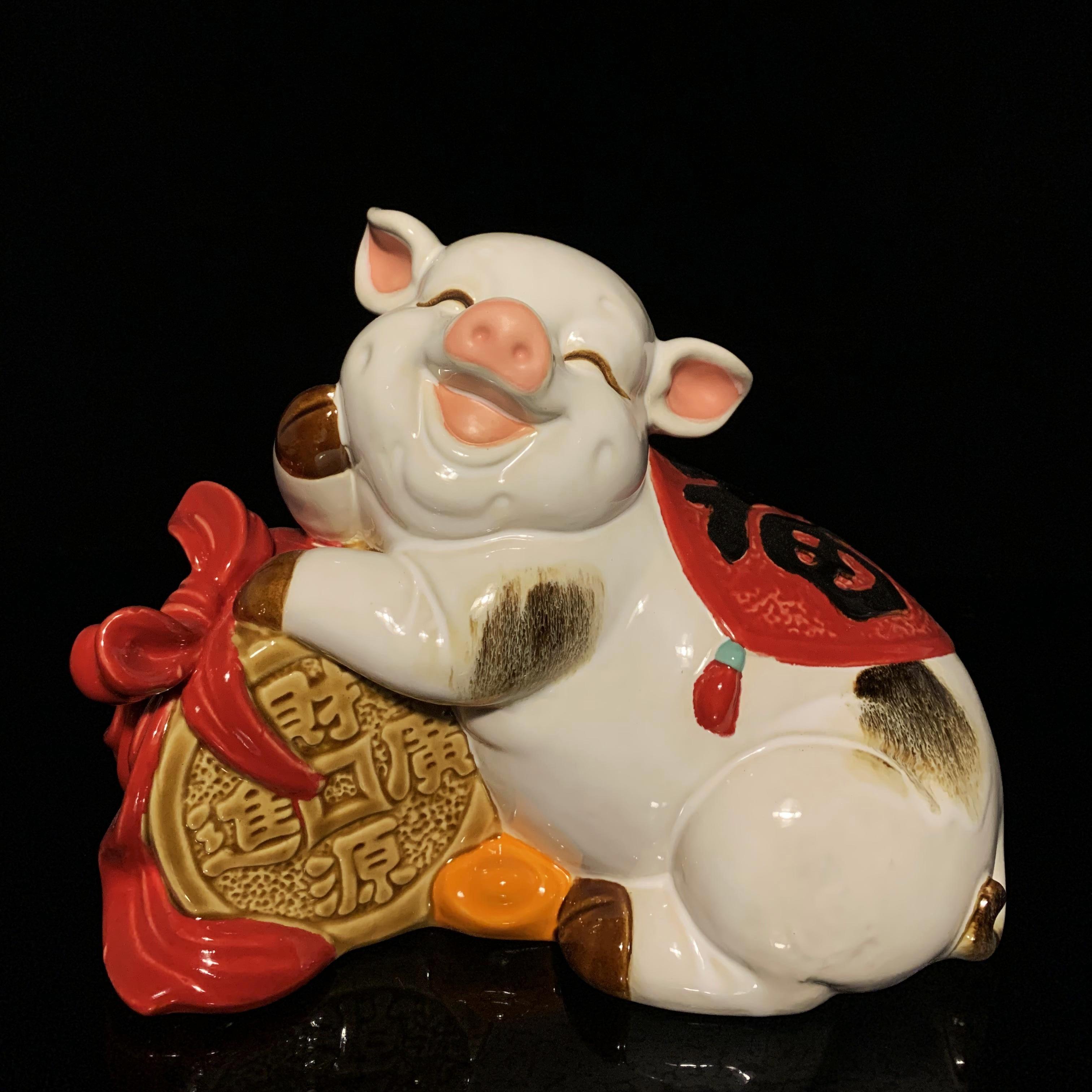 猪摆件家居客厅玄关电视柜博古架十二生肖陶瓷装饰品乔迁开业送礼