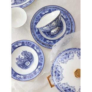 宫廷风青花描金系列骨瓷餐具套装 欧式 家用平盘汤盘饭碗汤锅鱼盘