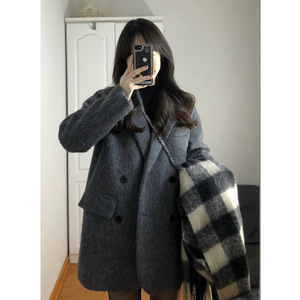 灰色呢子大衣女短款毛呢外套秋冬2023年新款赫本风爆款高级小个子