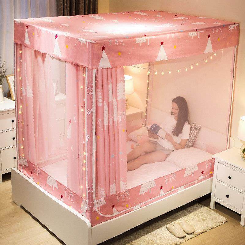 防尘蚊帐带顶布家用夏天遮光帘一体式方顶坐床纱帐三门床幔新款