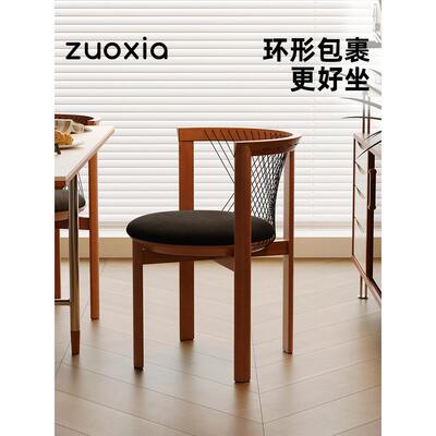 左下琴椅法式覆古实木餐椅高级感中古靠背椅子家用轻奢软包扶手椅