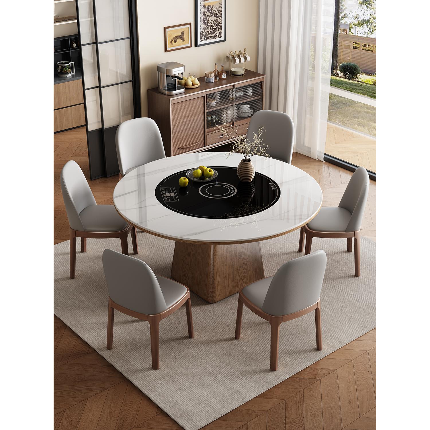 高端实木岩板餐桌椅组合家用小户型内嵌暖菜板圆形带电磁炉大圆桌