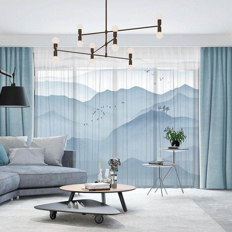 全屋定制新中式窗帘浅蓝色山水画客厅高档大气卧室别墅遮光窗纱布,居家布艺,定制窗帘,淘宝优惠券,粉丝福利购,淘宝优惠卷
