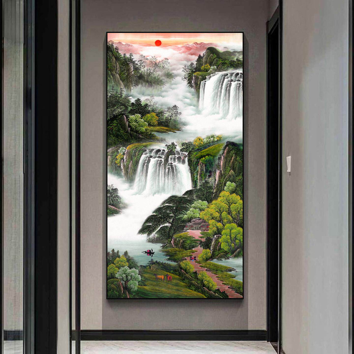 流水生财山水风景画 画靠山玄关客厅办公室招财风水聚宝盆八方来