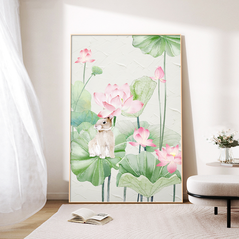 肌理感客厅装饰画绿色荷花沙发背景墙壁画现代简约落地画玄关挂画图片