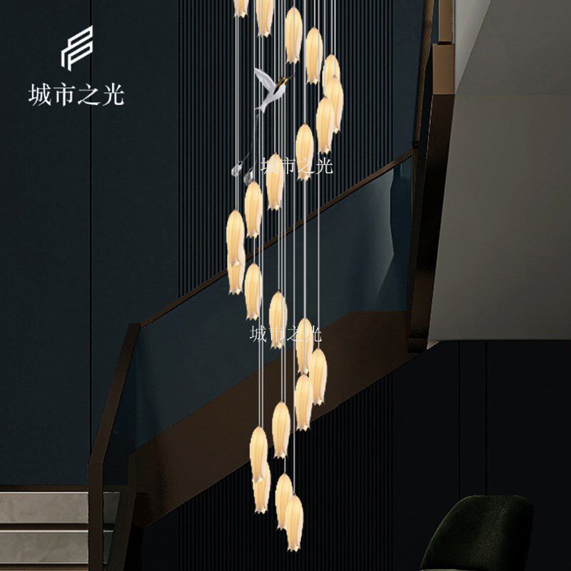 旋转楼梯吊灯别墅复式楼大吊灯客厅跃层陶瓷小鸟郁金香loft楼梯灯