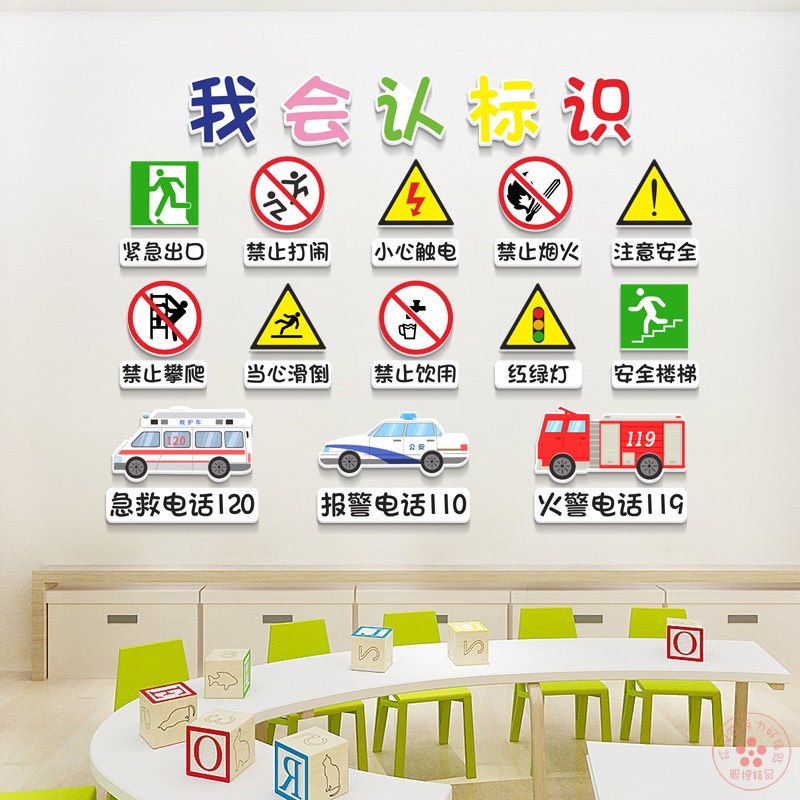 儿童交通安全指示消防警示牌生活常见标识幼儿园背景墙贴安全标志