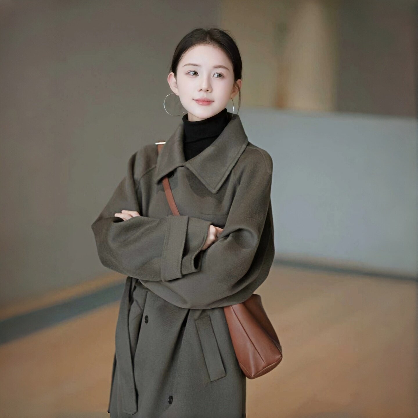 明星同款双面呢羊毛大衣女灰绿色韩版双排扣毛呢高级感中长款外套