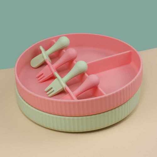 莫兰迪色条纹带吸盘餐盘silicone suction plate with fork spoon