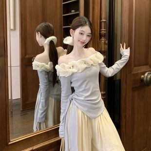 女早春新款 纯欲风花朵一字领不规则T恤上衣阔腿休闲裤 两件套