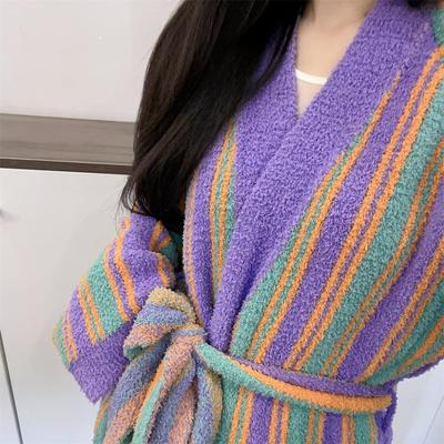 软绵绵半边绒珊瑚绒撞色条纹开 襟外套系带长袖可爱睡袍宽松睡衣