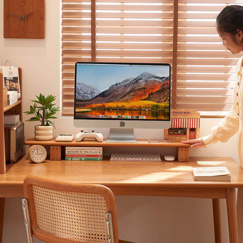 显示器增高架实木电脑桌面垫高收纳架办公桌置物架木质托架樱桃木