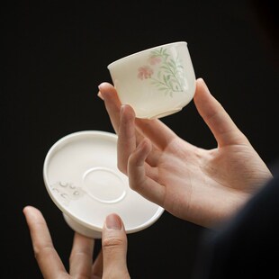 清欢 茶盏功夫茶具 羊脂玉瓷纳福高足茶盏 手绘牵牛花茶杯主人杯