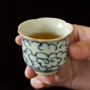 汝窑主人杯个人专用花口杯茶碗青花瓷品茗杯单个家用陶瓷小号茶杯