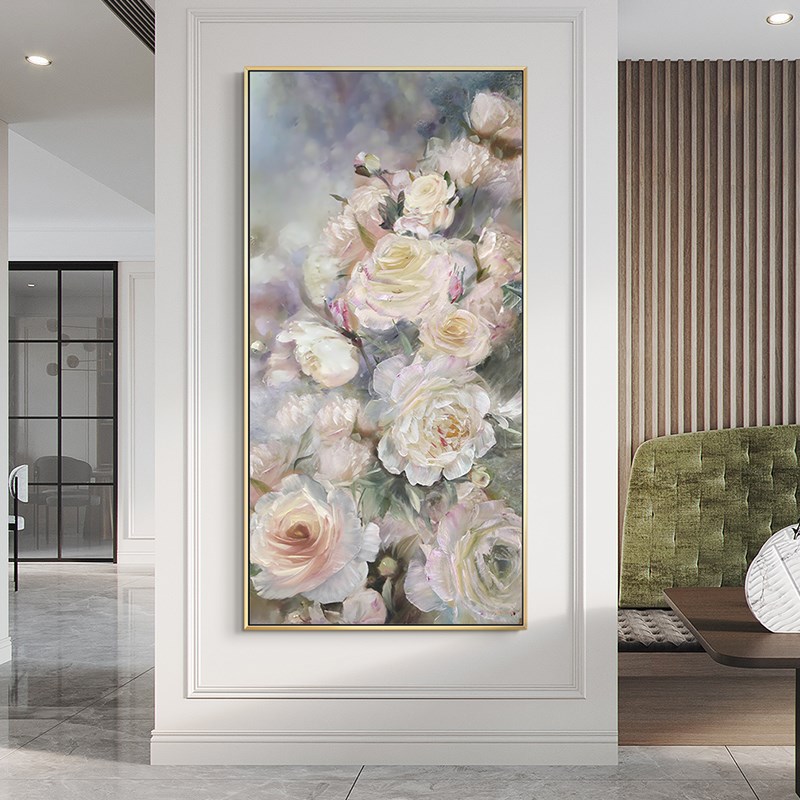玄关装饰画油画客厅挂画沙发背景墙走廊过道牡丹花卉手绘竖版简约