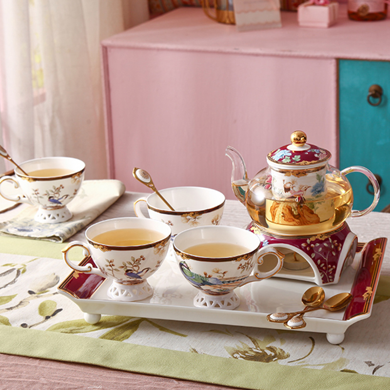 国潮花草茶具玻璃壶带过滤蜡烛加热底座骨瓷咖啡杯碟下午茶壶套装