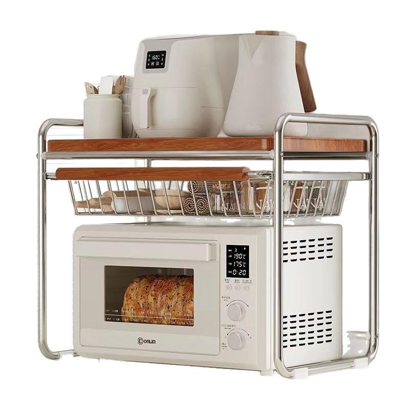 中古风家用微波炉置物架带拉篮厨房台面收纳架电S饭煲桌面置物架