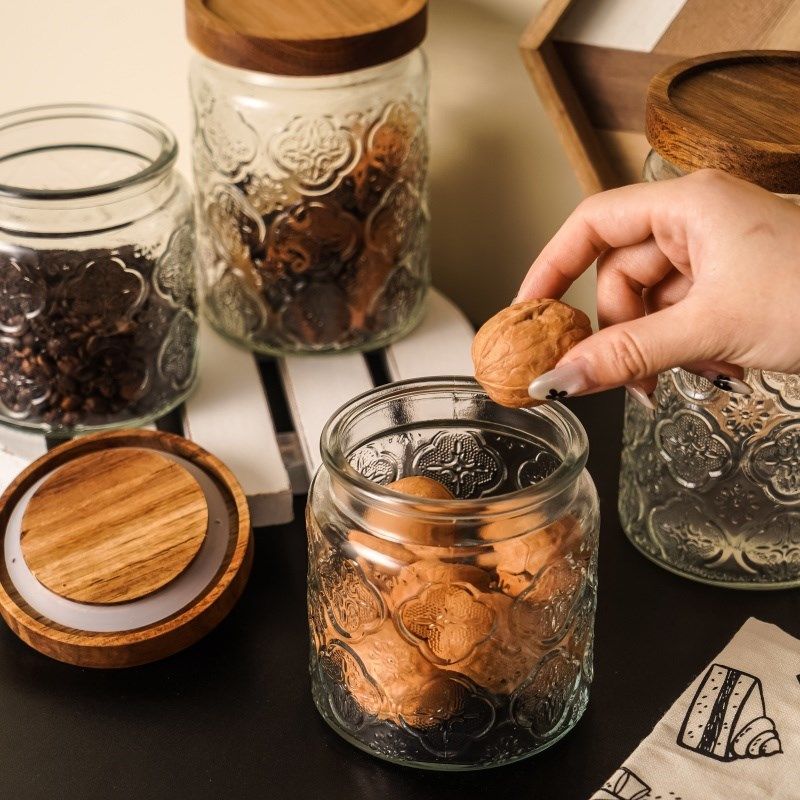 海棠花复古加厚玻璃密封罐木质盖厨房储物罐干果八角调料罐家用,厨房/烹饪用具,密封罐,淘宝优惠券,粉丝福利购,淘宝优惠卷