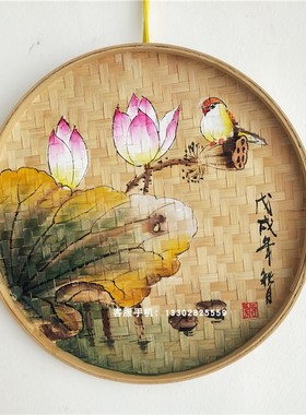 竹编手绘簸箕画装饰品餐厅挂饰米筛墙饰茶室田园农家乐装饰画定制