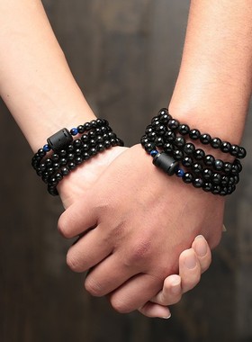 天然水晶黑曜石手链女韩版情侣虎眼石手串男士佛珠手链简约首饰