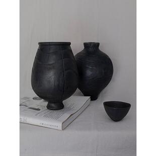 后弄侘寂风覆古黑色碳化木花瓶花器瓶子摆件酒店民宿桌面软装饰品