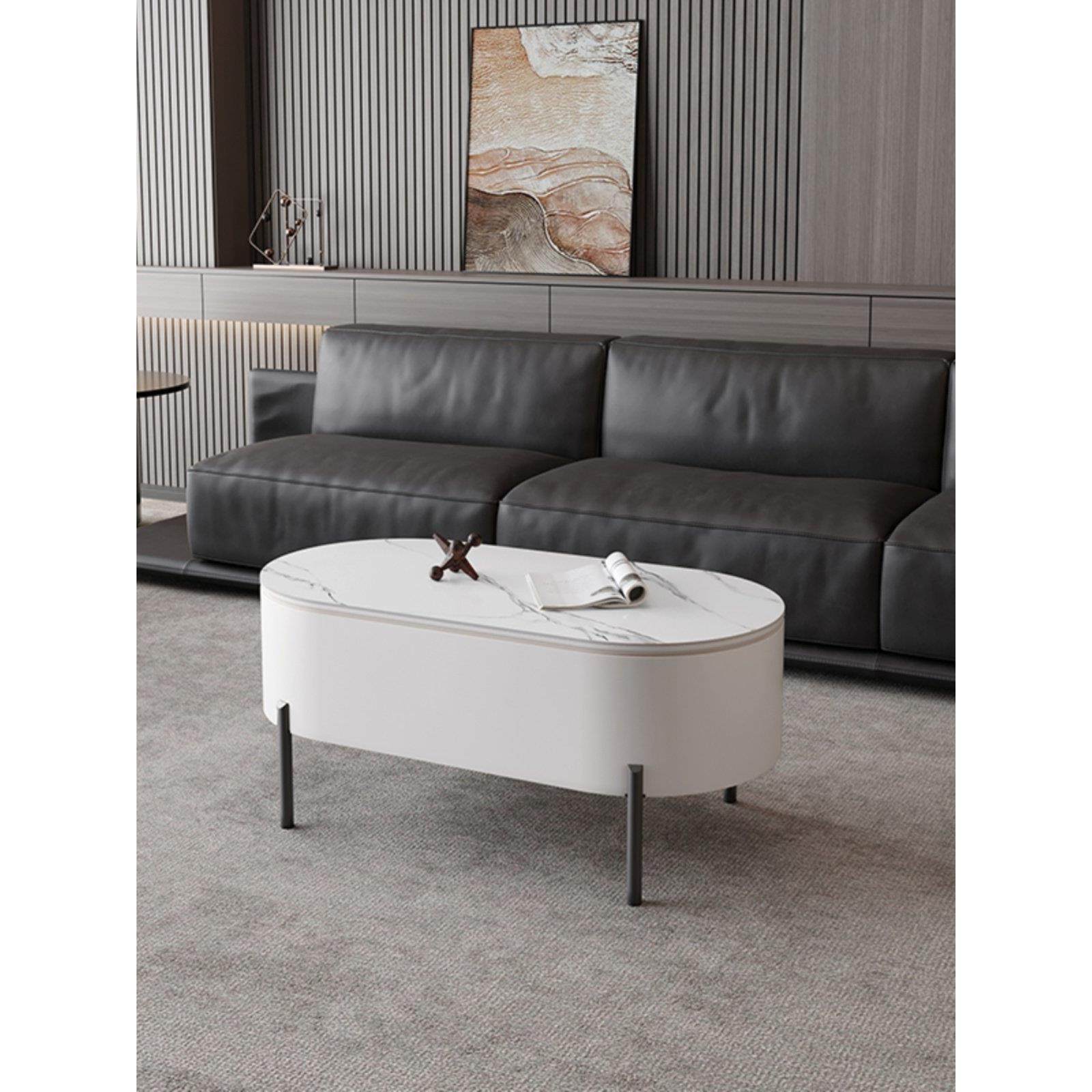 椭圆形可调节咖啡桌小公寓迷你收纳桌多功能可调节咖啡桌可伸缩石