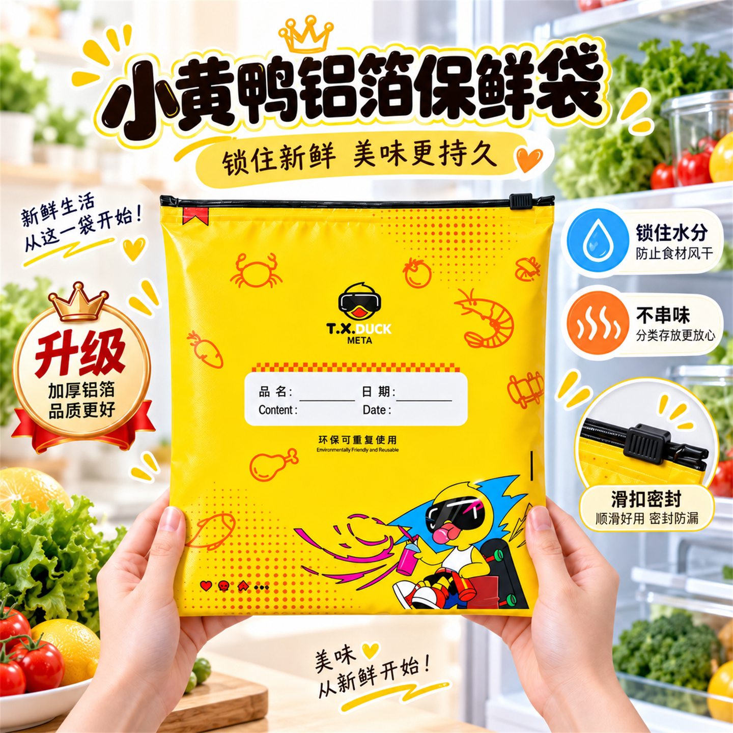 【到手60个】小黄鸭铝箔保鲜袋家用厨房冰箱冷冻生鲜食品分类收纳