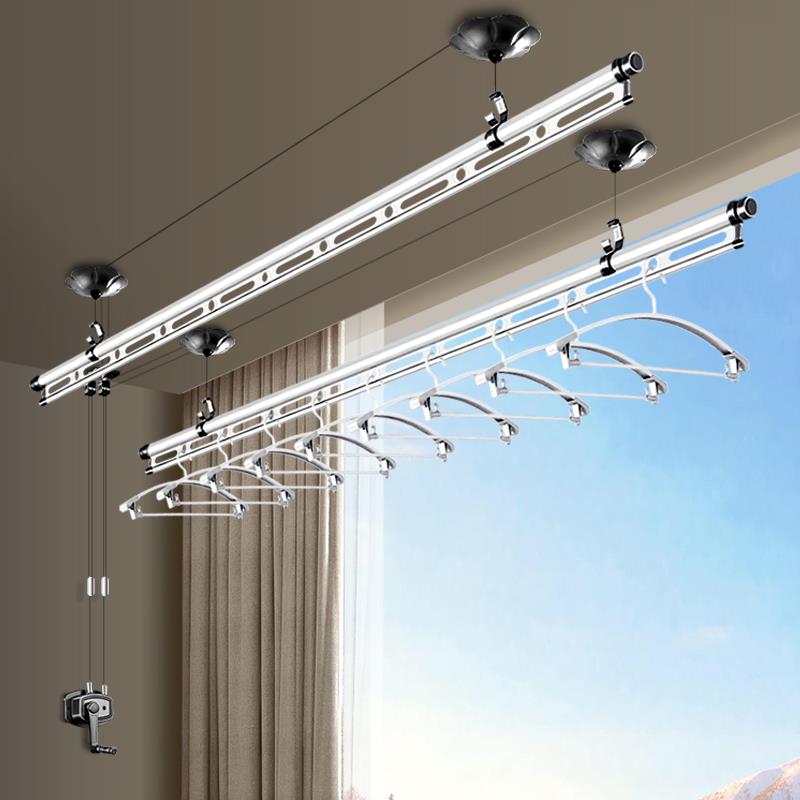 晾衣架阳台手摇升降双杆加筋晾衣杆室内家用凉衣架手动顶装晒衣架