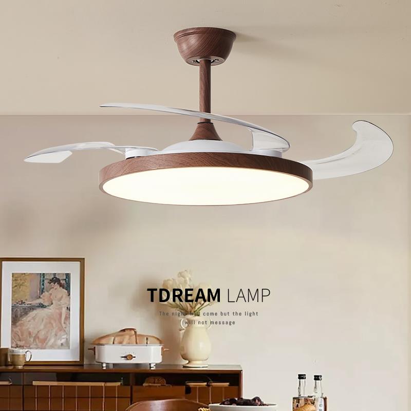 胡桃木纹饭厅吊灯超薄中古风现代简约隐形吊扇灯护眼饭桌吊扇灯具