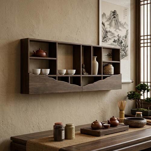 新中式实木多宝格壁挂架博古架墙上茶壶展示架茶杯架摆件置物架