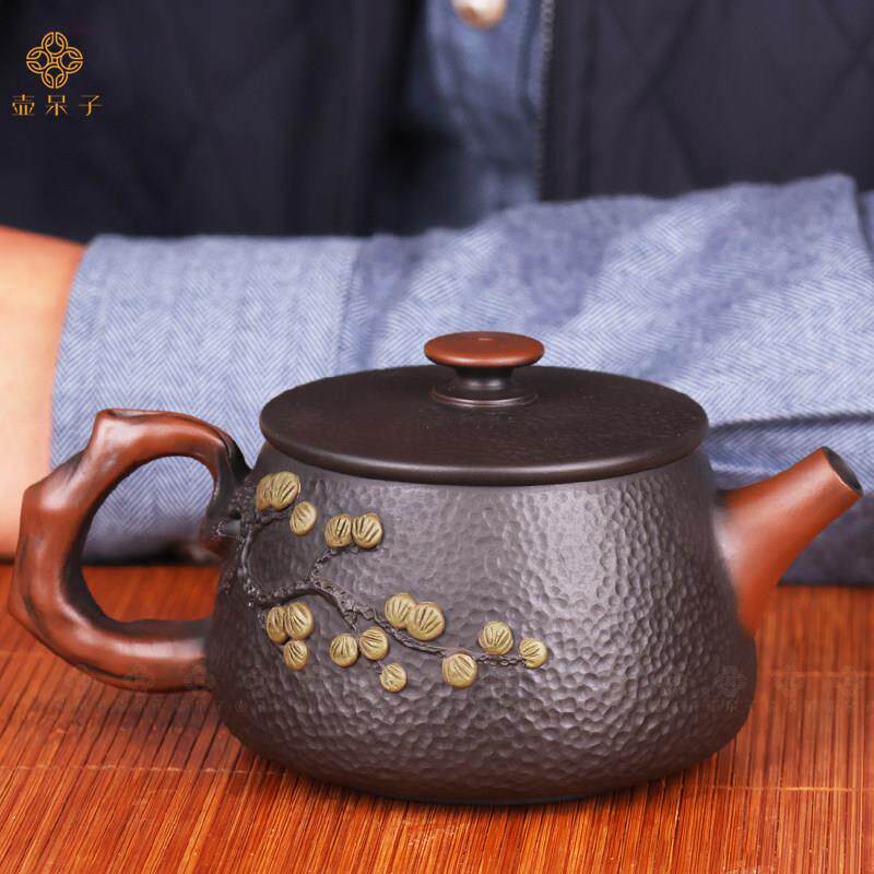 云南建水紫陶茶壶紫陶壶泥塑锤纹松针壶送礼茶器全手工大口石瓢