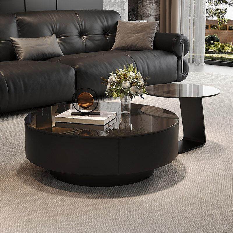 新款现代简约黑色钢化玻璃茶几意式极简圆形茶几组合轻奢客厅家用