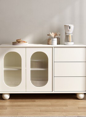 法式奶油a风现代简约白色储物柜实木家用客厅茶水柜一体靠墙餐边